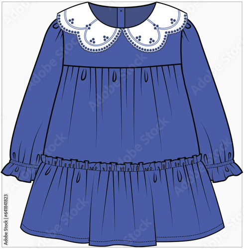EMBROIDERED PETERPAN COLLAR EMPIRE CUT WOVEN TIERED DRESS DESIGNED FOR INFANT GIRL TODDLER GIRL AND BABY GIRLS IN VECTOR ILLUSTRATION