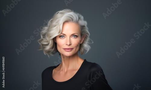 Depiction of a stunning older female against a shadowy setting, 40-year-old individual, interventions in cosmetic surgery