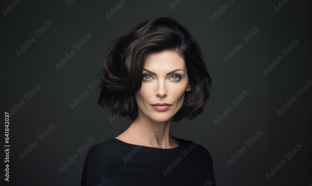 Image of an attractive elderly lady against a dim backdrop, individual aged 40, cosmetic enhancements. Image of an attractive elderly lady against a dim backdrop, individual aged 40, cosmetic enhancements.