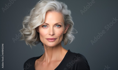 Image of an attractive elderly lady against a dim backdrop, individual aged 40, cosmetic enhancements.