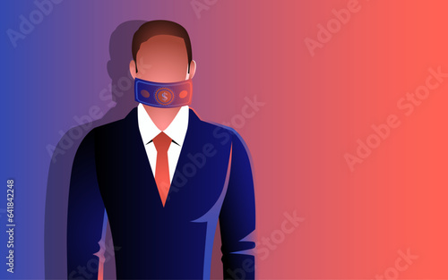 Businessman mouth covered by a money bills, symbolising the bribery and ethical dilemmas. Depiction of financial gains, moral integrity, business ethics, and corruption photo