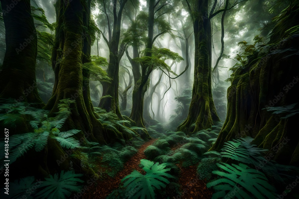Fototapeta premium Amidst a dense forest, a delicate morning mist blankets the towering trees and lush undergrowth