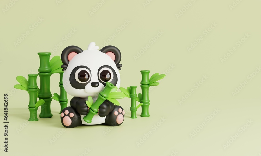 Cute Panda Sitting with Bamboo Isolated on Green Background. Animals and Food Icon Cartoon Style Concept. 3D Render Illustration Cute Panda Sitting with Bamboo Isolated on Green Background. Animals and Food Icon Cartoon Style Concept. 3D Render Illustration