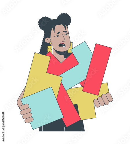 Disorganized woman with broken puzzle pieces flat line concept vector spot illustration. Chaos unorganized 2D cartoon outline character on white for web UI design. Editable isolated color hero image