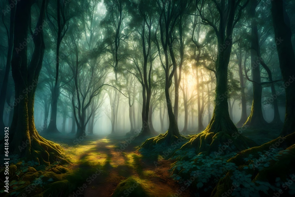 Ethereal dawn breaks through mist-kissed trees in an enchanted forest