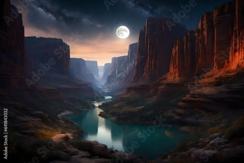 A moonlit canyon offers a glimpse of otherworldly beauty as the gentle river meanders through the heart of the land