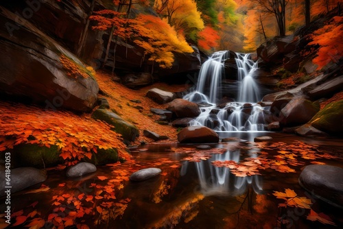 A cascading waterfall in a hidden valley reflects the vibrant autumn foliage  a secret paradise untouched by time