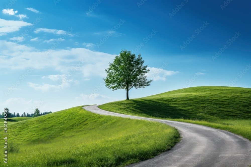 curvy road with blue sky and green grass landscape