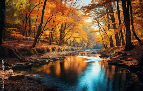 Autumn sunset in wild park ,orange trees and colorful leaves,lake in in park,beautiful landscape