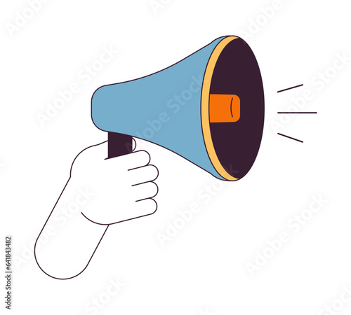 Holding megaphone flat line color isolated vector hand. Speaking trumpet. Loud sound. Editable clip art image on white background. Simple outline cartoon spot illustration for web design