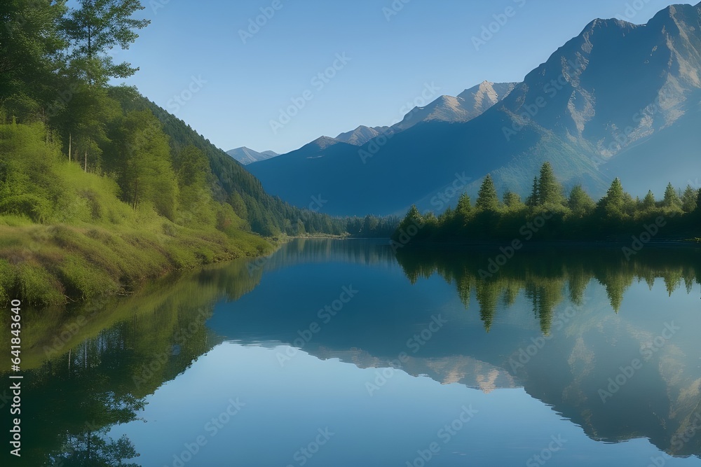 tranquil lakeside view with mirrored reflections of the mountains