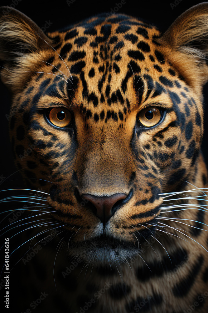 closeup of a leopard on black background, portrait photo.generative ai