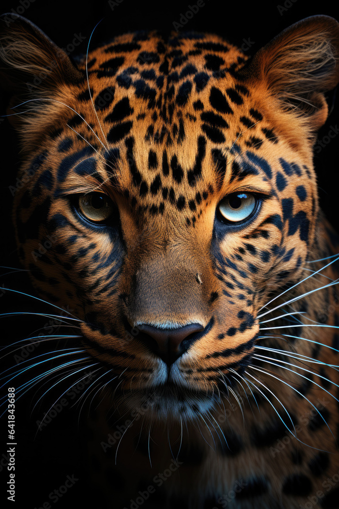 Obraz premium closeup of a leopard on black background, portrait photo.generative ai