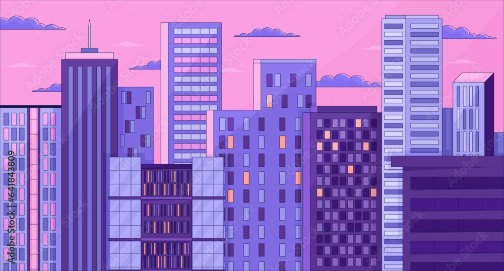 Obraz premium Twilight skyscrapers chill lo fi background. High rise buildings sundown dusk 2D vector cartoon cityscape illustration, purple lofi wallpaper desktop. Sunset aesthetic 90s retro art, dreamy vibes