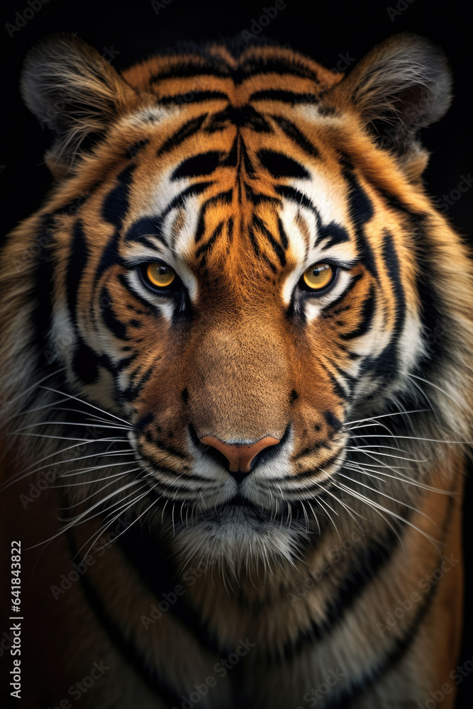 closeup of a tiger on black background, portrait photo.generative ai