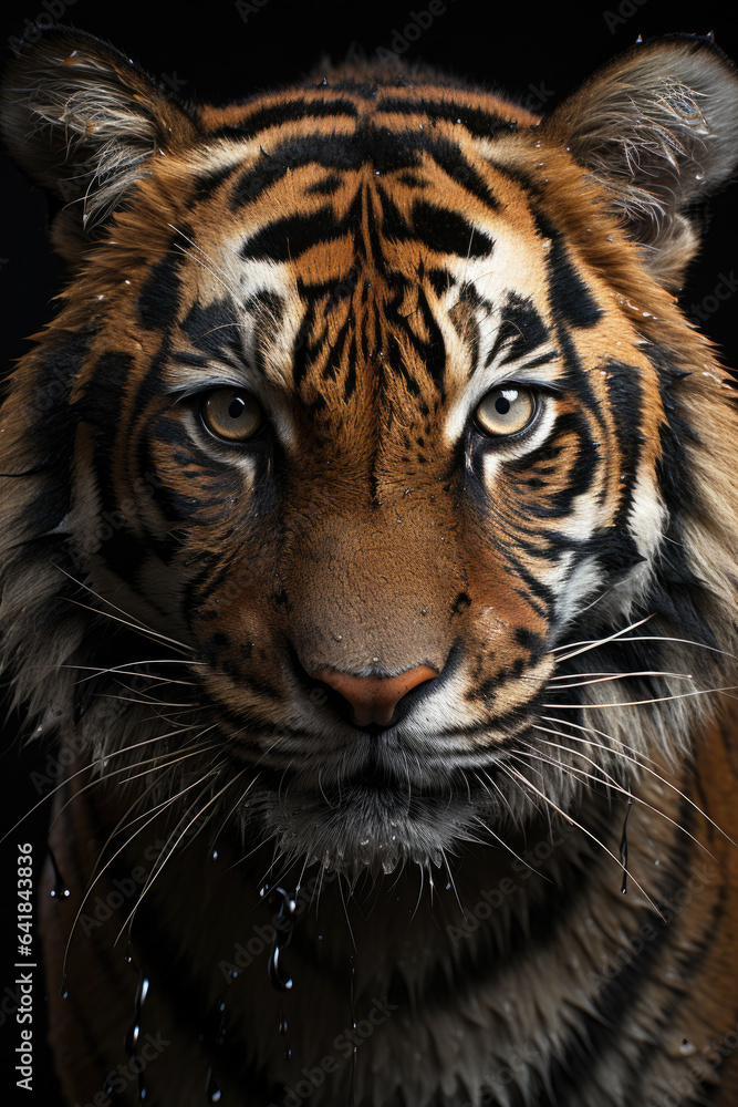 Fototapeta premium closeup of a tiger on black background, portrait photo.generative ai