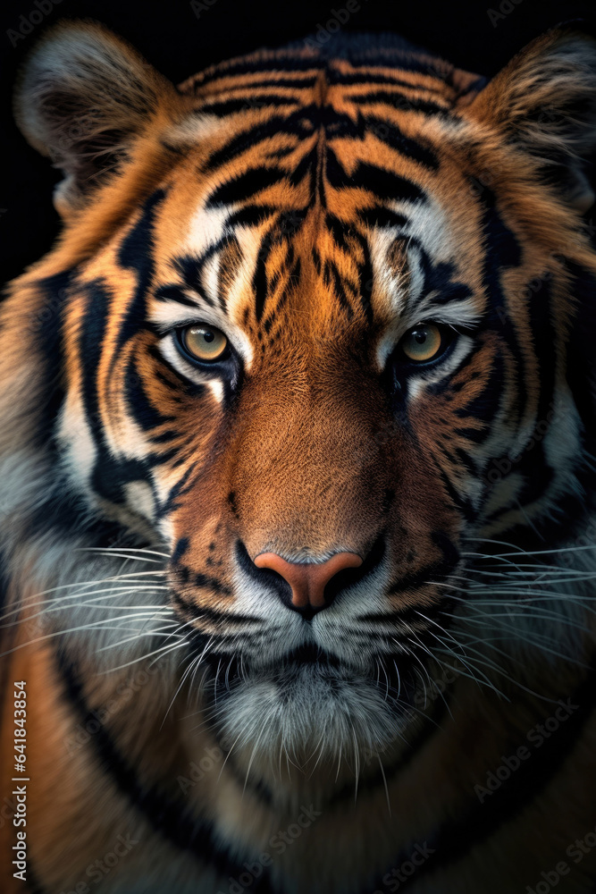 closeup of a tiger on black background, portrait photo.generative ai