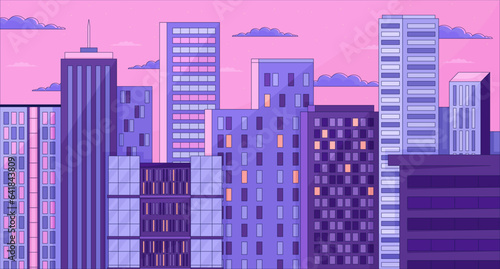Twilight skyscrapers chill lo fi background. High rise buildings sundown dusk 2D vector cartoon cityscape illustration, purple lofi wallpaper desktop. Sunset aesthetic 90s retro art, dreamy vibes