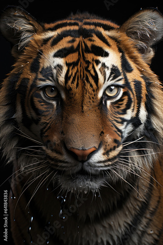 closeup of a tiger on black background, portrait photo.generative ai