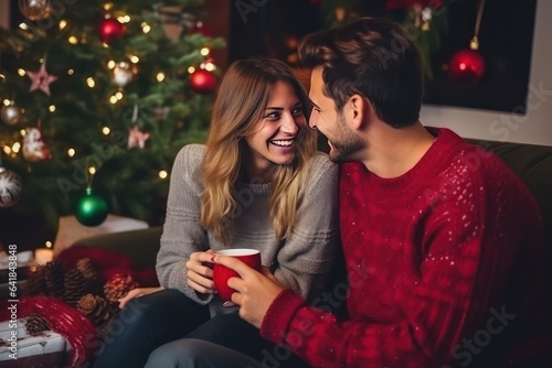 couple using laptop and drinking coffee, Christmas