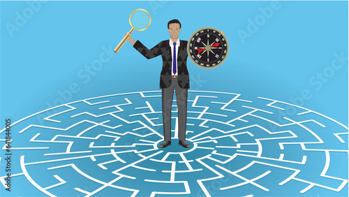 Man with magnifying glass and compass, jigsaw pattern in suit. Standing on maze game, labyrinth. Dimension 16:9. Vector illustration.
