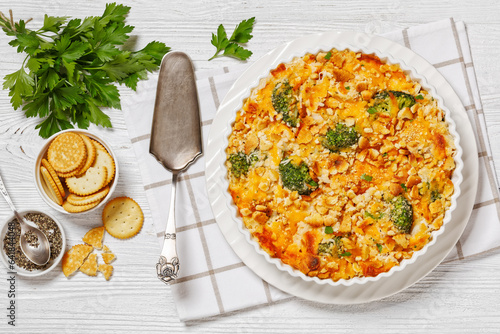 chicken rice broccoli casserole in baking dish photo