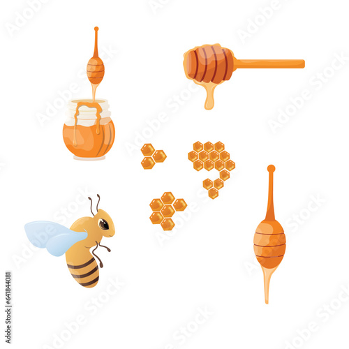 Set of sweet honey with bee honeycombs and wooden honey spoon
