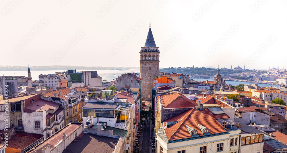 Galata Tower in Istanbul, Turkey. Aerial view of Galata Tower.