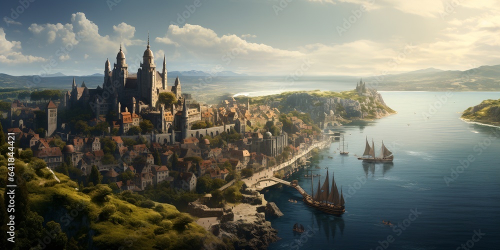 Fototapeta premium medieval fantasy city built over hills, view of the river and mountains
