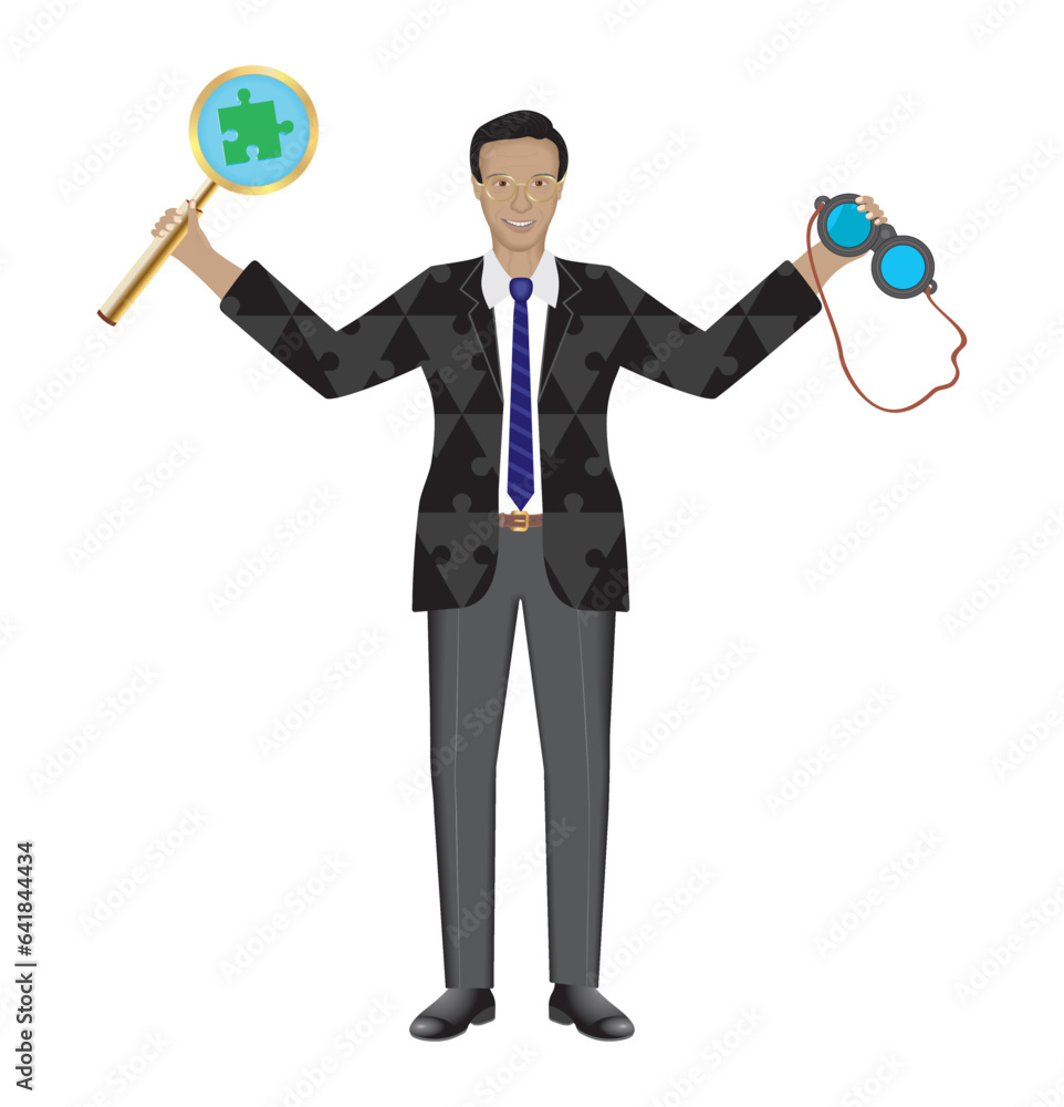 Man with magnifying glass with green jigsaw piece and binoculars. Isolated. Vector illustration. Man with magnifying glass with green jigsaw piece and binoculars. Isolated. Vector illustration.