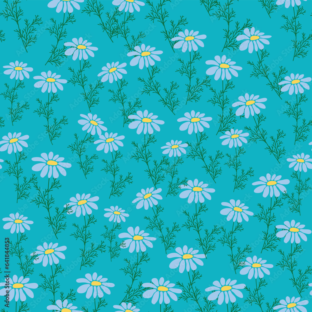 Seamless pattern Creative floral print with chamomile flowers, leaves in hand drawn style on a blue-turquoise background