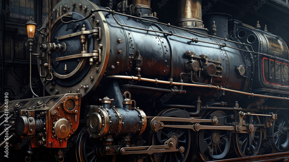 Naklejka premium Huge black metal gear train wheel structure on the old steam engine train locomotive close up