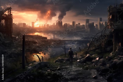 Detailed destruction of fictitious city with debris and collapsing structures.  concept of war, natural disasters, judgment day, fire, nuclear accident or terrorism.