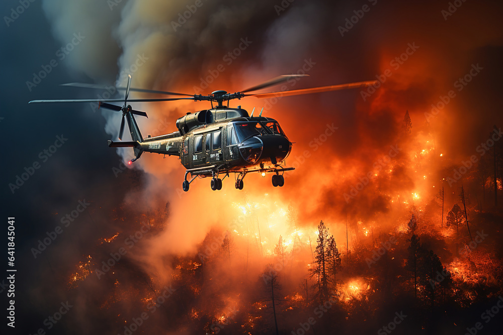 A rescue helicopter flies over wildfires. A rescue helicopter flies over wildfires.