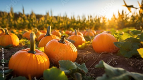 Harvest Glory  Pristine Pumpkin Patch Basks in Golden Sunlight  Vibrant Colors and Textured Details Create a Captivating Autumn Scene