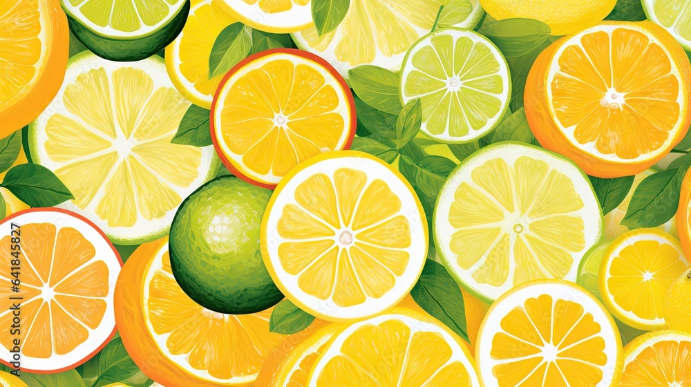  a bunch of oranges and lemons with green leaves.  generative ai