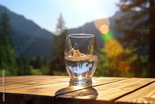 Water from bottle pouring into glass on wooden table outdoors, tropical background. illustration of healthy drink.