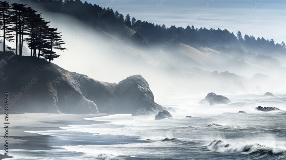  a foggy day at the beach with pine trees on a cliff.  generative ai