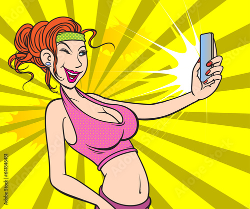Selfie, A young woman uses a mobile phone to take pictures of herself. Pop art hand drawn style vector design illustrations.