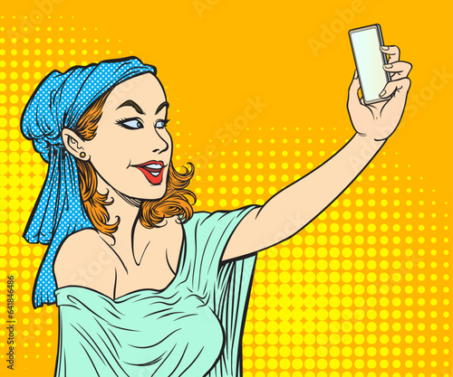 Selfie, A young woman uses a mobile phone to take pictures of herself. Pop art hand drawn style vector design illustrations.