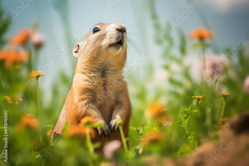 Prairie dog in wildlife. Cute prairie dog on summer field with flowers.