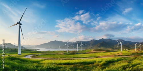 AI Generated. AI Generative. Wind mill eco power electric generator innovation alternative energy. Nature outdoor background