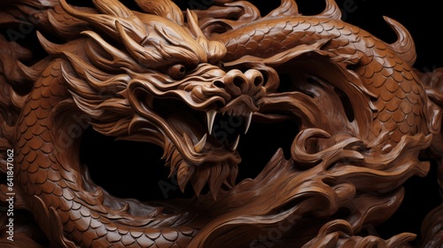 Wood Chinese Dragon Statue: Sign for Lunar Zodiac, Asian Culture, and Festive Greetings - Generative AI