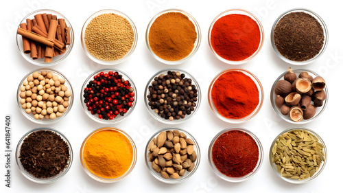 Various spices in glass bowl isolated on white background. Generative AI