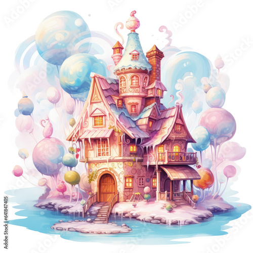 Watercolor Gingerbread House Clipart, a cozy gingerbread house covered in colorful icing and candy decorations, smoke gently rising from the chimney, Generative Ai