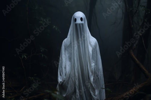 Ghost in a dark forest. Halloween concept