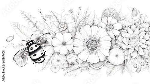  a black and white drawing of flowers and a lady bug. generative ai