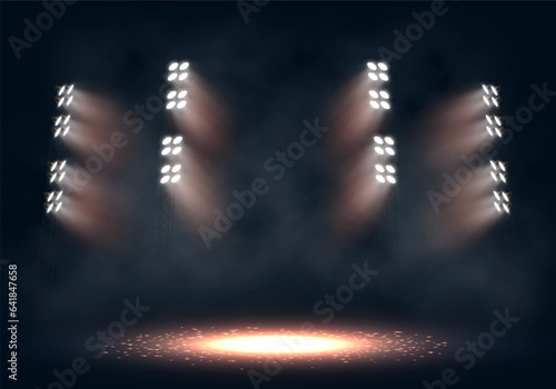 Spotlights. Scene for presentation with smoke illuminated by spotlights. Vector illustration.