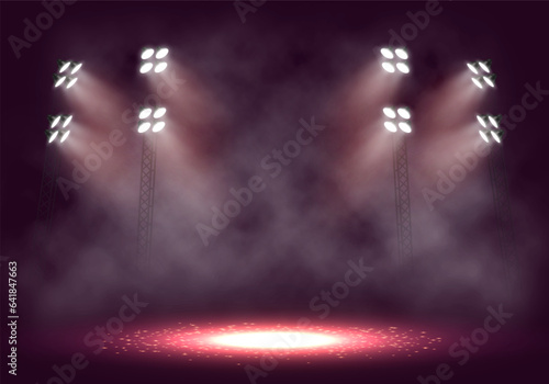 Spotlights. Scene for presentation illuminated by spotlights with smoke. Vector illustration.