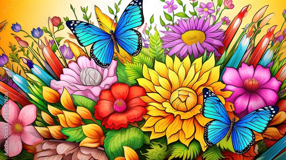 a bouquet of flowers with butterflies on a yellow background illustration. generative ai a bouquet of flowers with butterflies on a yellow background illustration. generative ai